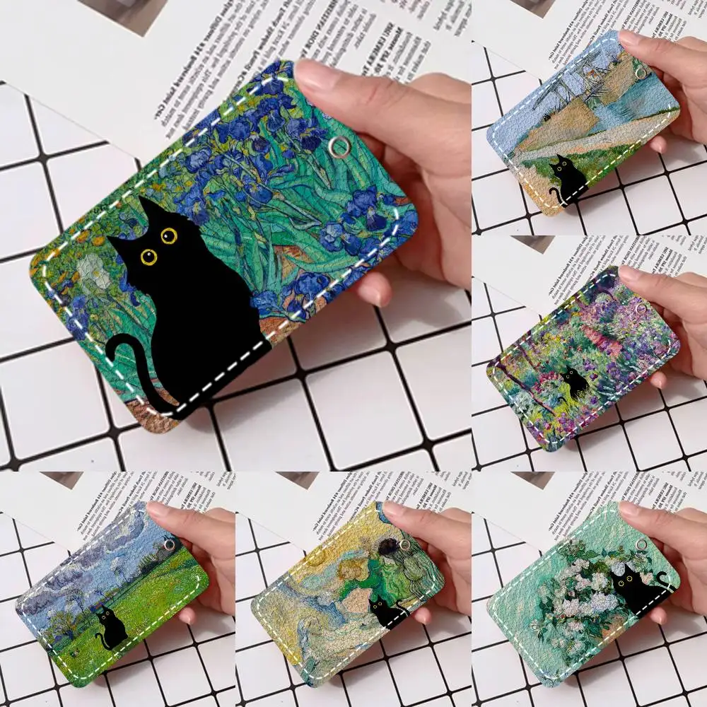 

Van Gogh Black Cat Card Holde Applicable To Credit Cards Bus Card Soft Leather Rectangular Keychain Protective Cover
