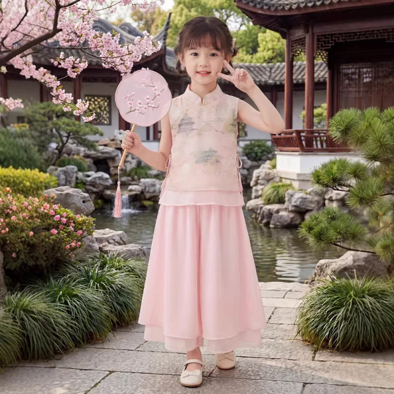 2026New Hanfu Summer Outfit for Children, Stylish New Chinese Style Top and Pants Two-Piece Set, Little Girl's Ancient Style Sui