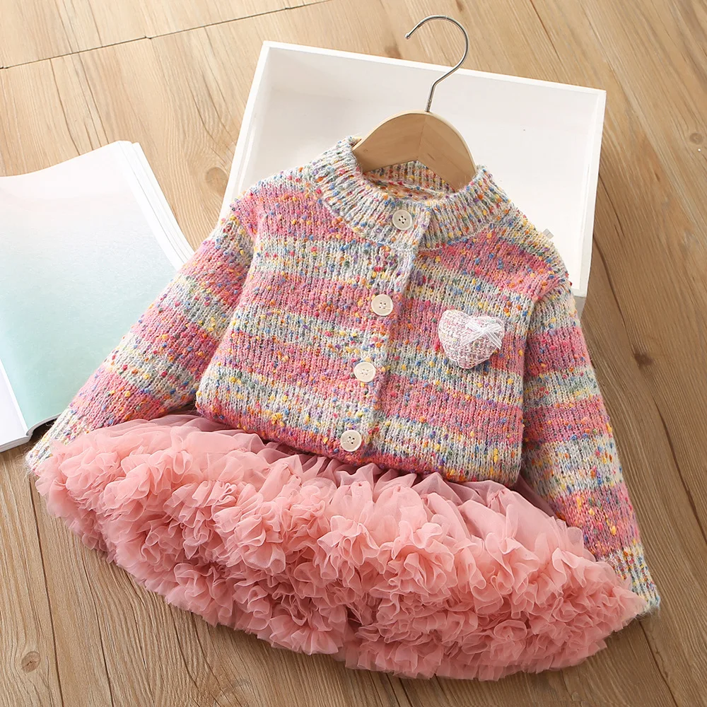 

New girls' love cardigan sweater sweet and cute knitted top+mesh puffy skirt set 1.2.3 4.5 6 baby year old children's clothing