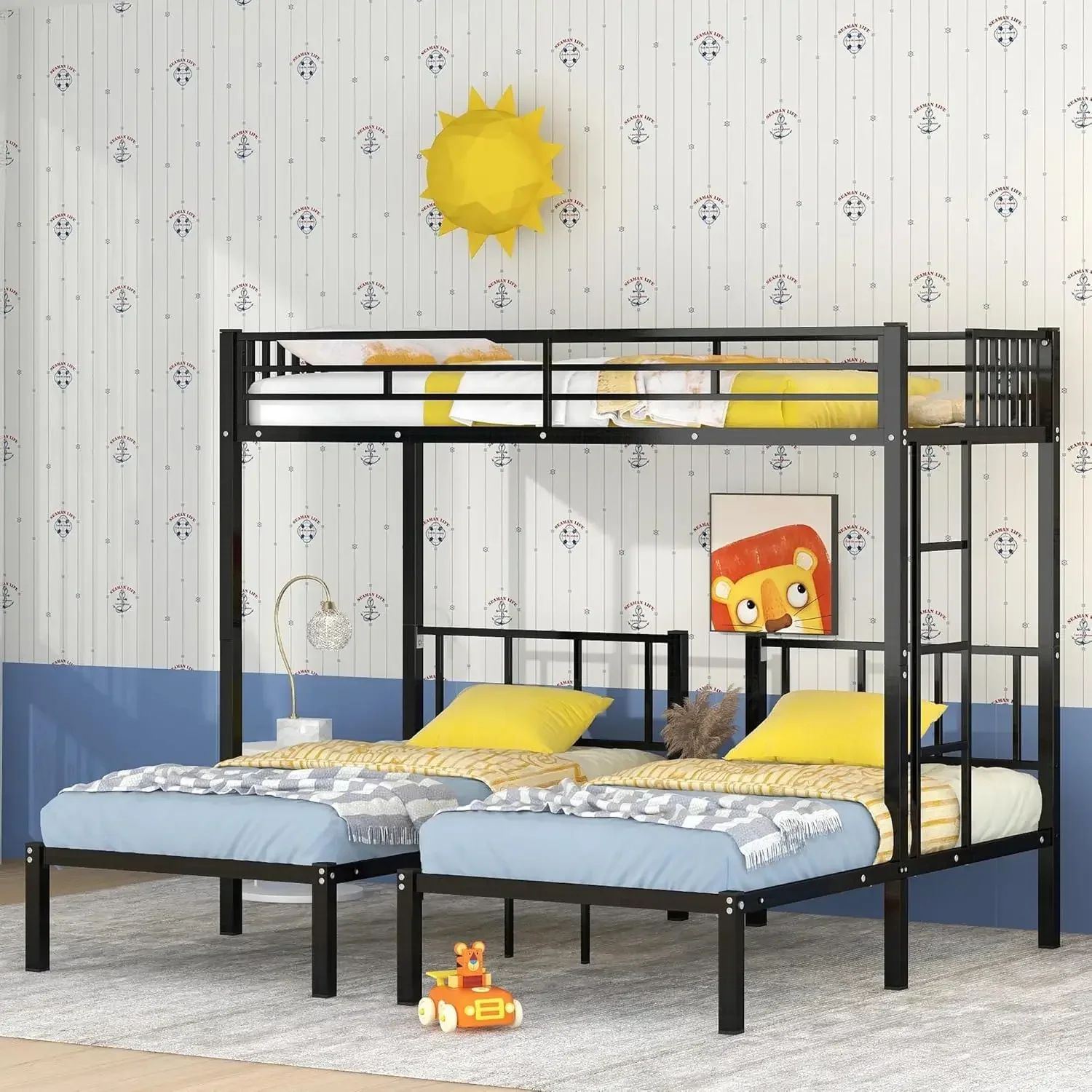 Triple Metal Bunk Bed with Guardrail & Storage Shelf Durable Twin Size Bed Kids Teens and Adults Space-Efficient Easy Assembly