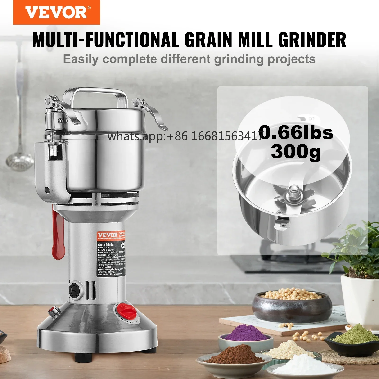 300g Electric Grain Mill Grinder, High Speed 1500W Commercial Spice Grinders, Stainless Steel Pulverizer Powder Machine