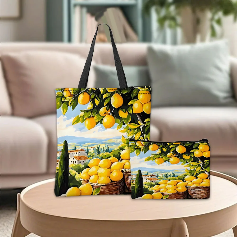 

Lemons Tote Bag Makeup Pouch Practical Combination Shopping Storage Bag Pastoral Landscape Print Handbag Travel Camping