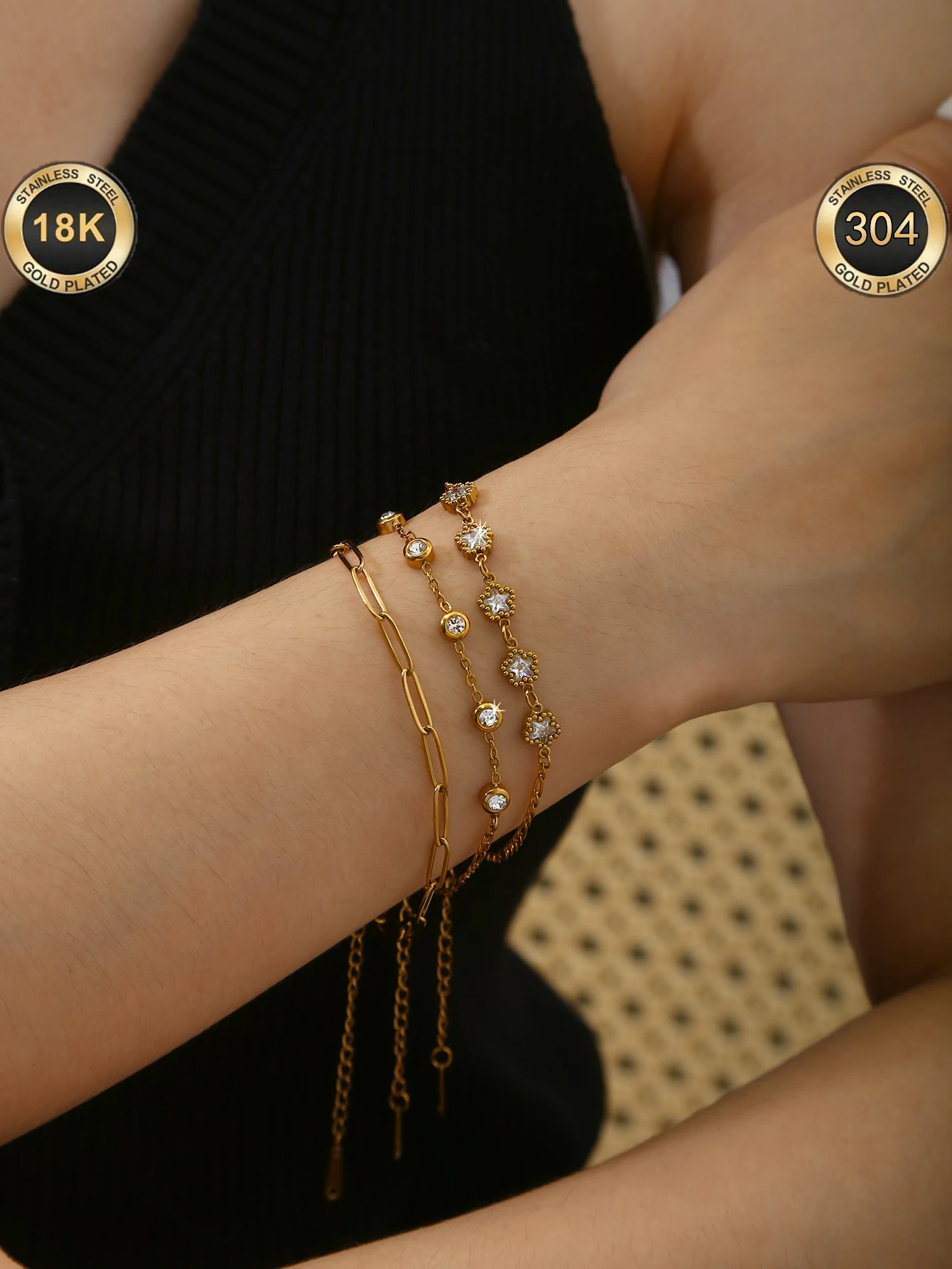 1Pc Ins Niche Versatile Women'S Bracelet, Stainless Steel Inlaid With Round And Star Zircons, Fits Both Sweet And Cool Looks