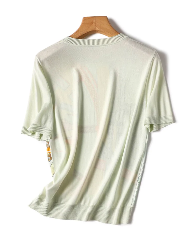 Camiseta de punto de seda de hielo para mujer, Camiseta de cuello redondo, manga corta, temperamento ajustado, Top de estilo, nueva moda