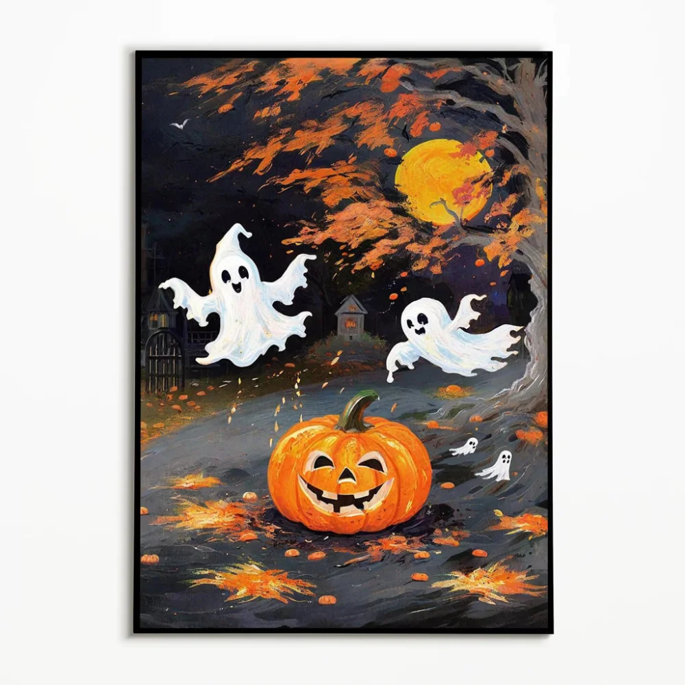1PC Horror Ghost Bat Pumpkin Castle Poster Halloween Night Scene Wall Art Autumn Canvas Printing Fall Festival Gift Room Deco