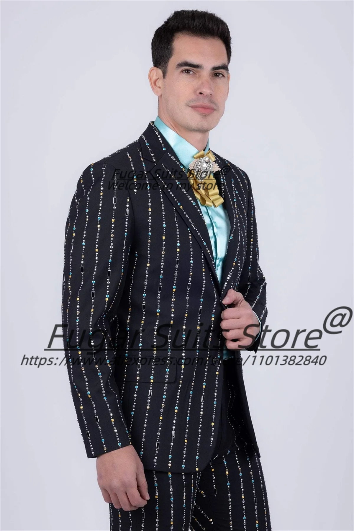 Luxuly Geometric Rhinestone Pattern Male Prom Blazers Customized Elegant Groom Wedding Tuxedos 2 Pieces Sets Fashion Ropa Hombre