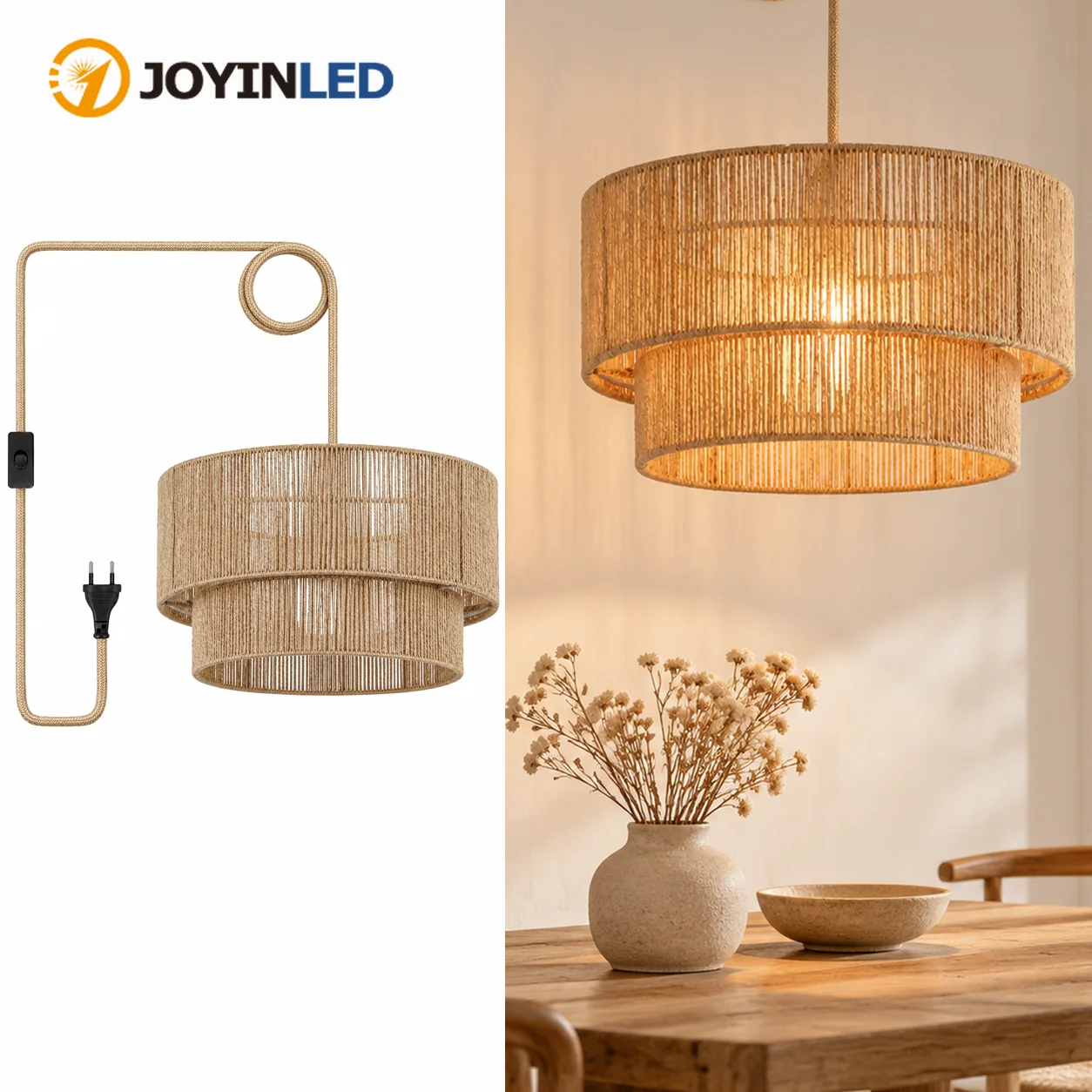 Plug in Pendant Light with 4.5M Light Cord, Hanging Light 45cm Handwoven Hemp Rope Chnadelier for Living Room Bedroom Kitchen