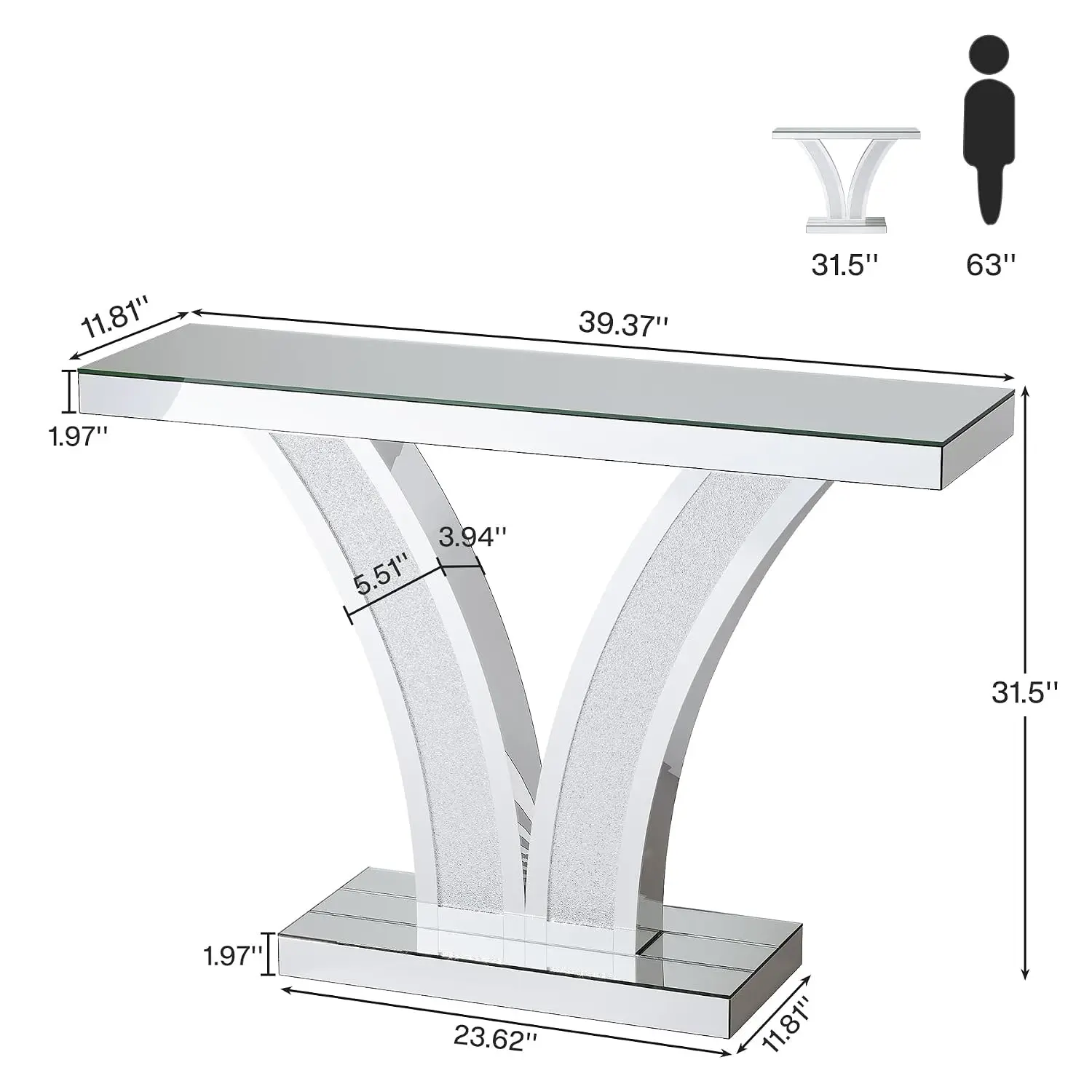 Modern Mirrored Console Table With Crystal Inlay Frame For Entryway Living Room Hallway Foyer, Customized
