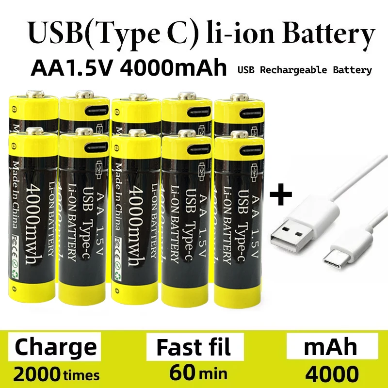 Fast Charging 1.5V AA Lithium Ion Battery with 4000mah Capacity and USB Rechargeable Lithium USB Battery for Toy Keyboard