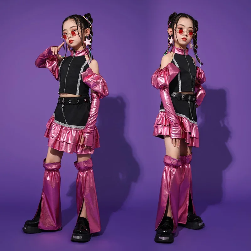 Abbigliamento alla moda per danza jazz da ragazza con pelle lucida, costumi da passerella per danza jazz di gruppo di ragazze alla moda