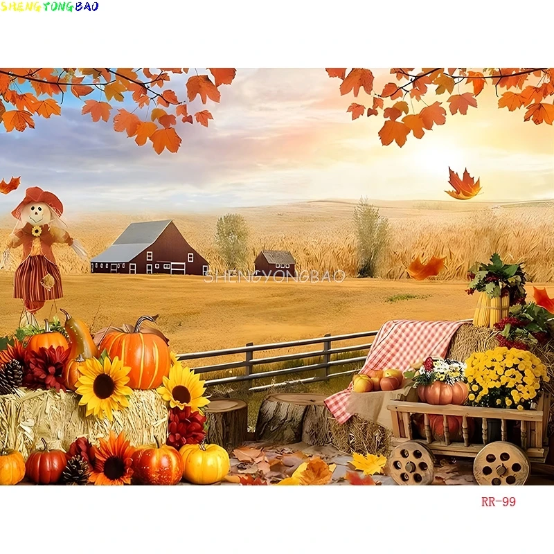 Halloween Day Autumnal Pumpkins Photography Backdrops Props Maple Leaf Scarecrow Farm Harvest Thanksgiving Background RR-15