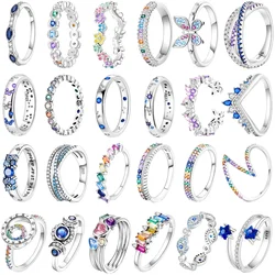 Original 925 Sterling Silver Ring Colorful Flower Butterfly Heart Moon Crown for Girls Valentine's Day Birthday Jewelry Gifts