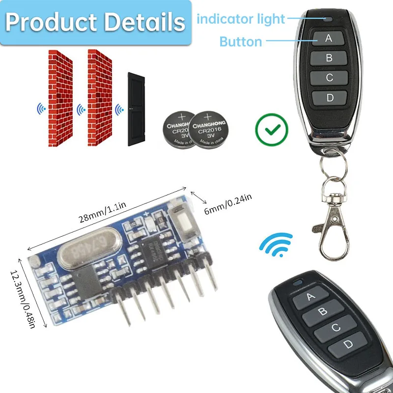 Universal Remote Control 433Mhz RF Mini Relay Receiver Decoding Module and 4 button Transmitter Wireless 4CH Output Control