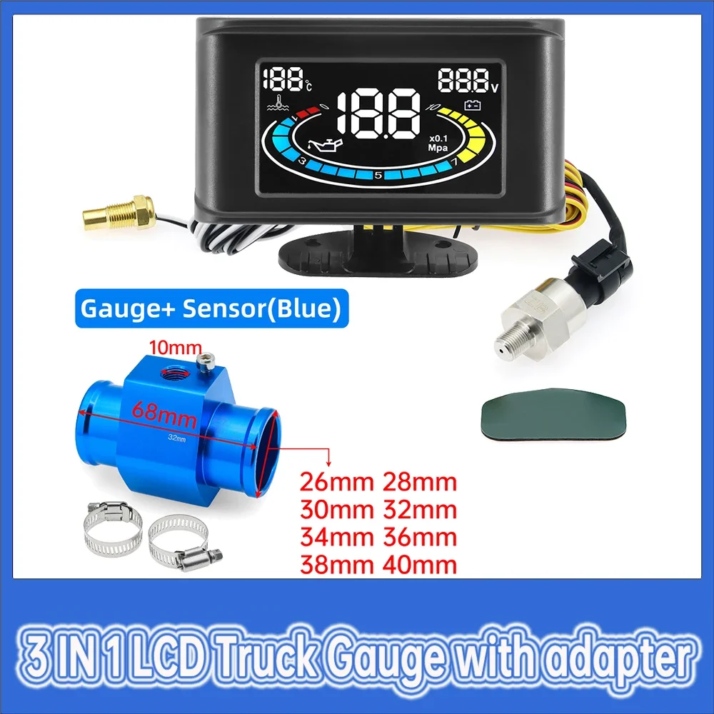 

3in1 LCD Digital Truck Car Oil Pressure Gauge Voltmeter Water Temperature Gauge + Oil Press Sensor 10mm Npt1/8 12V 24V Universal