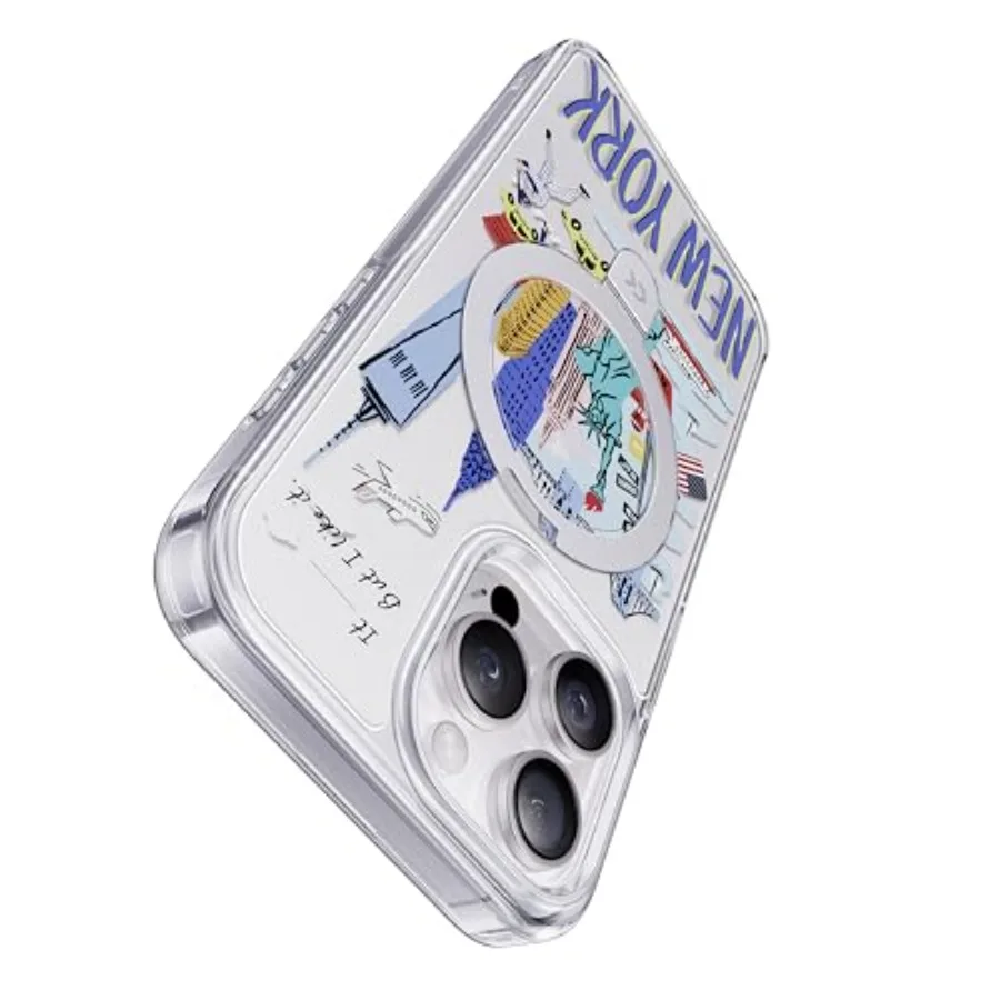 Pannello posteriore trasparente con serie Landmark Building City Memory per custodia New York Phone 14 Pro con supporto ad anello magnetico Milita