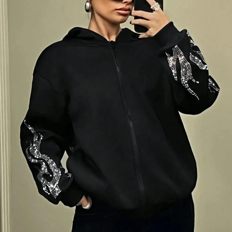 Flamme Muster Strass Mode Lässig Hoodies Gothic High Street Schwarz Vintage Trend Frauen Lange Sleeve Zipper Strickjacke Mantel