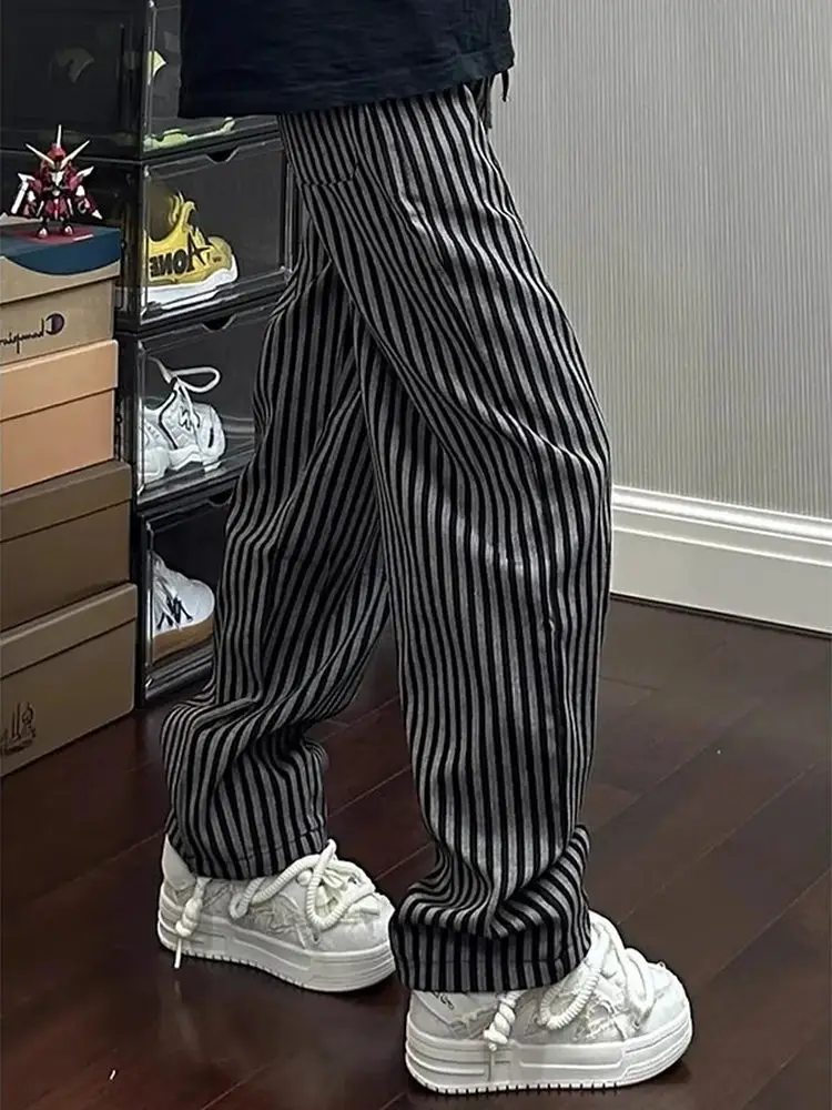 

American Casual Striped Loose Fit Straight Leg Pants Men Women Summer Lazy Sle Drapey Wide Leg Floor Length Trousers