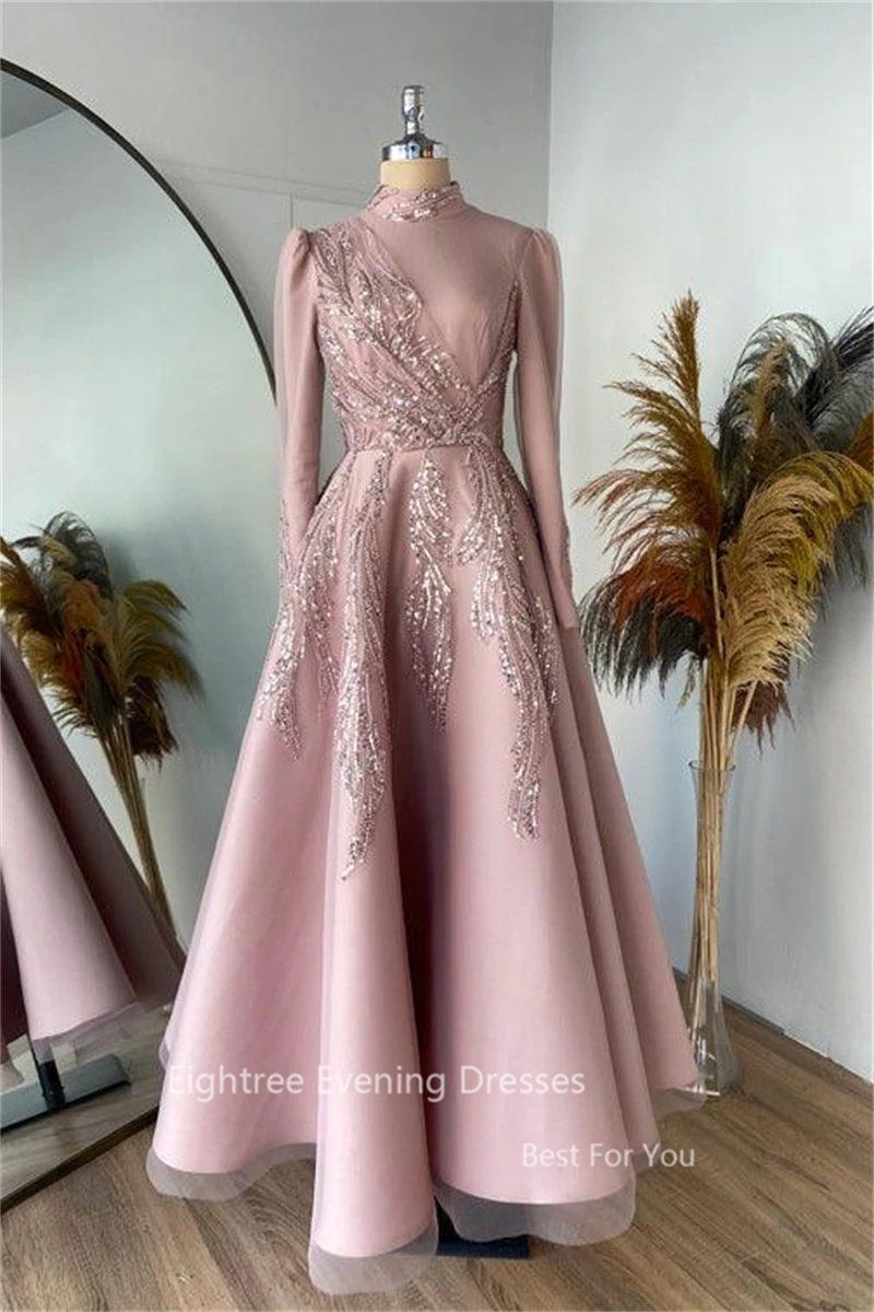 Eightree Dubai A Line Prom Gowns Long Sleeves Luxurious Evening Dresses Sequined Lace Arabic Long Wedding Party Dress Customized