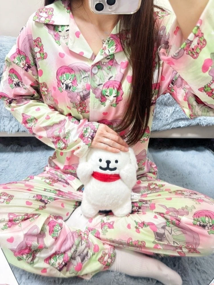 Conjunto de Pijama de Verano Demon Slayer, Tanjiro, Zenitsu, Mitsuri, Kanroji, Lindo Conjunto de Dormir de Algodón Suave con Estampado de Anime, Pantalones de Manga Larga, Regalo para Fans