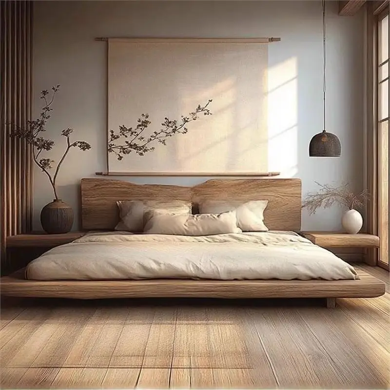 Full solid wood bed log wind modern simple wabi-sabi wind double