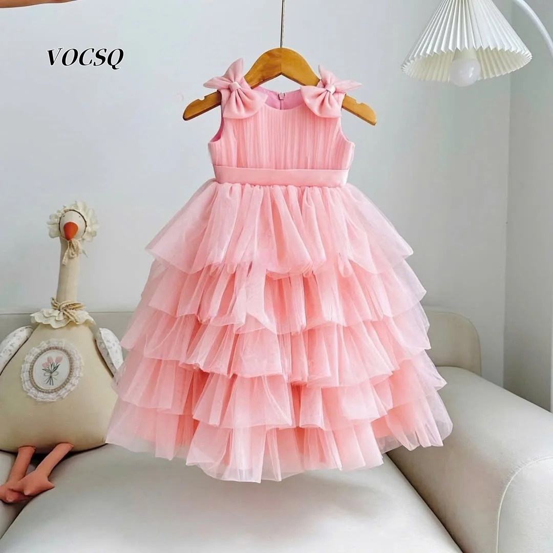 Flower Girl Dress Elegant Pink Multi‑Layer Tulle Gown Shoulder Decor Bow Kids First Birthday Wedding Guest Outfit Customized