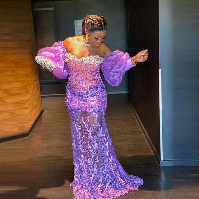 Purple lace evening gown hot sale