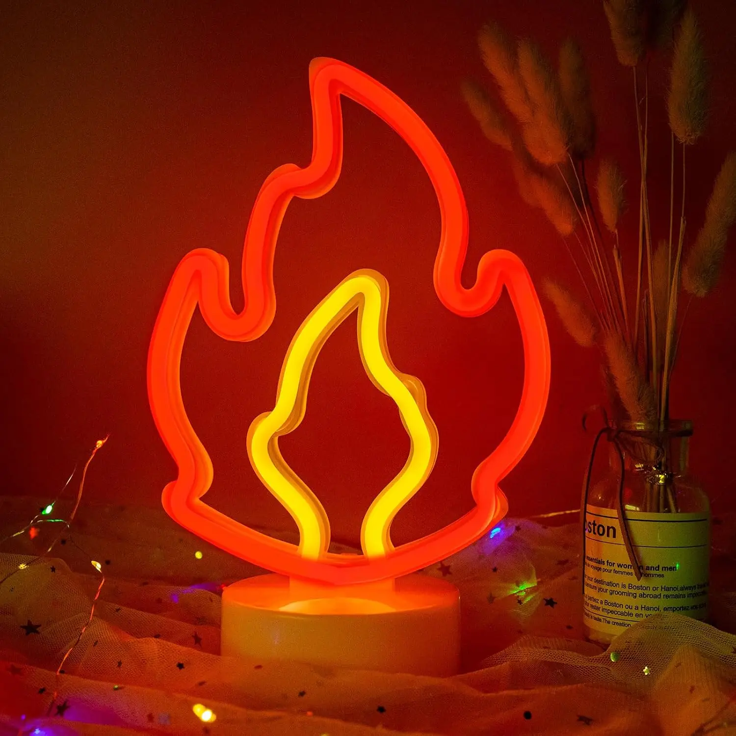 Flame LED Neon Sign USB Powered Desktop Night Light Decor for Bedroom Dorm Fire Theme Party Bar Cafe Birthday Gift Lamp