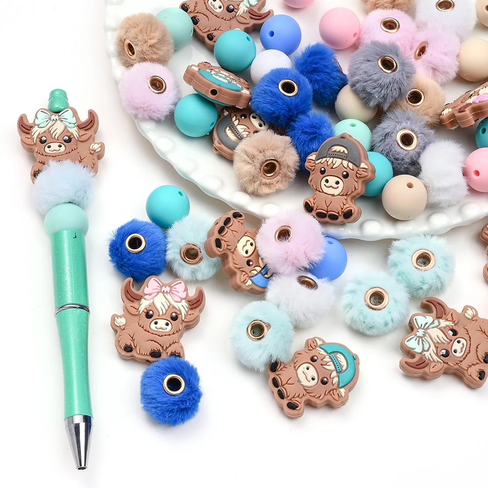 

40PCs Silicone Highland Bull Round Plush Beads Set For Pacifier Chain Handmade Accessories Bead Pen DIY Baby Product