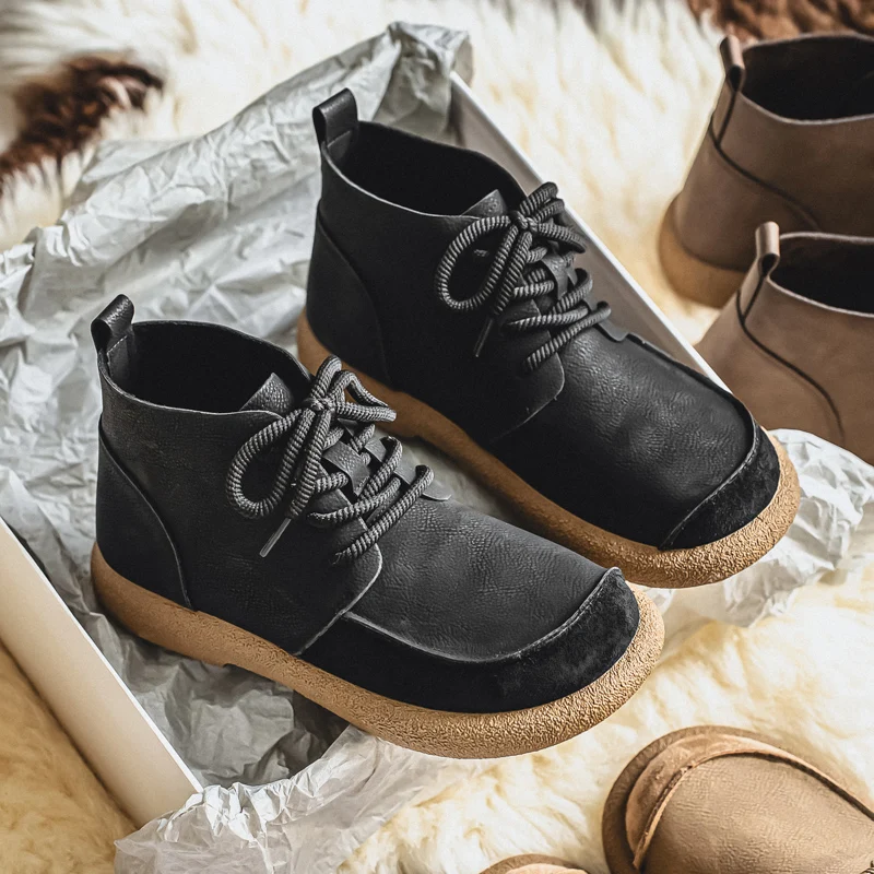 

Fashion Men Leather Boots British Style Retro Casual Shoes Outdoor High Top Work Boots Soft Comfortable Wide Toe Barefoot Shoes