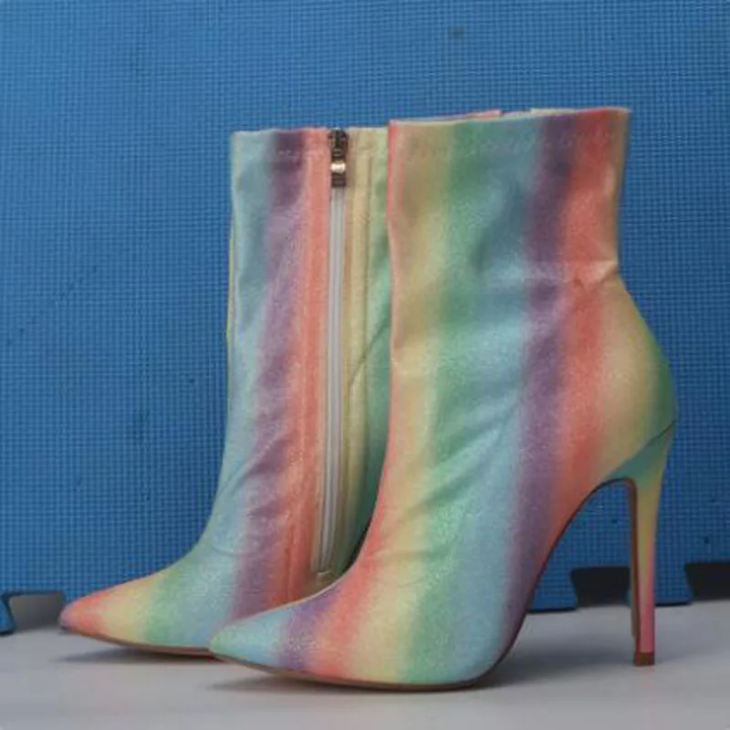Bling Sequined Iridescent Rainbow Ankle Boots 10 CM Thin Heel Pointed Toe Side Zip Club Party Fashion Short Boots Women Booties