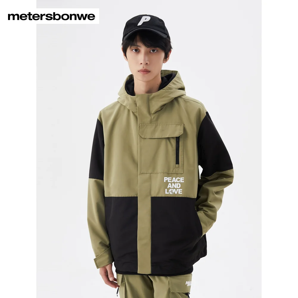 

Metersbonwe-Men's CargoJacket Color Clash Print Waterproof Softshell Windbreaker Autumn Hooded Coat Outdoor Casual High Quality