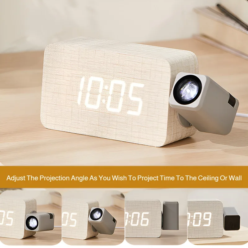 

Деревянные проекционные часы с питанием от USB, 180° ° Выбор проекционных цифровых часов, римский или цифровой циферблат, опционально, стильный, прочный