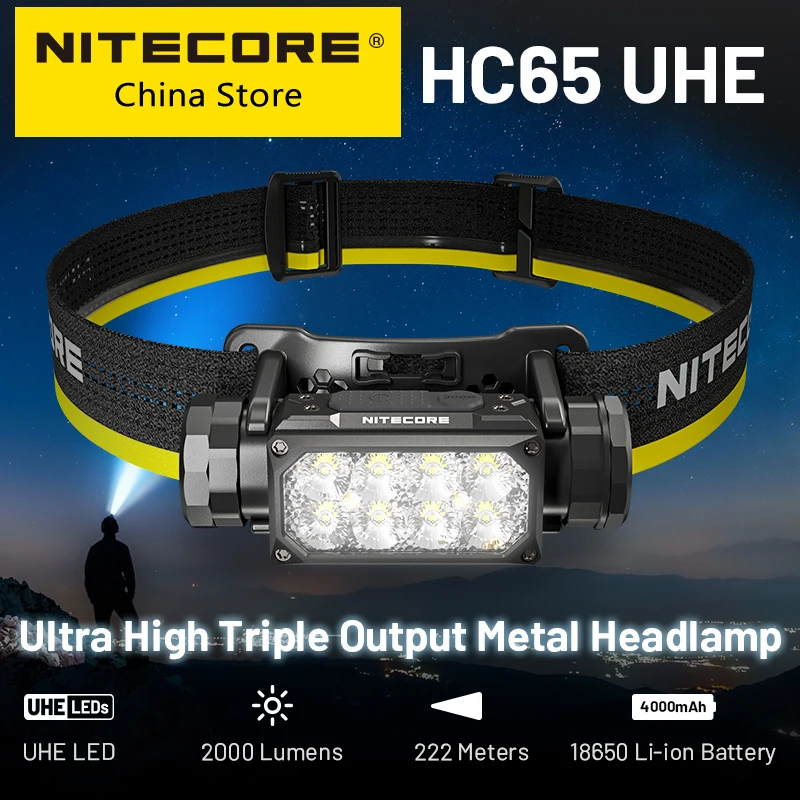 Nitecore HC65 UHE Headlamp 2000 LMs Type-C Rechargeable 8 Core UHE LED Headlight Dual Beam NL1840HP 4000mAh 18650 Li-ion Battery