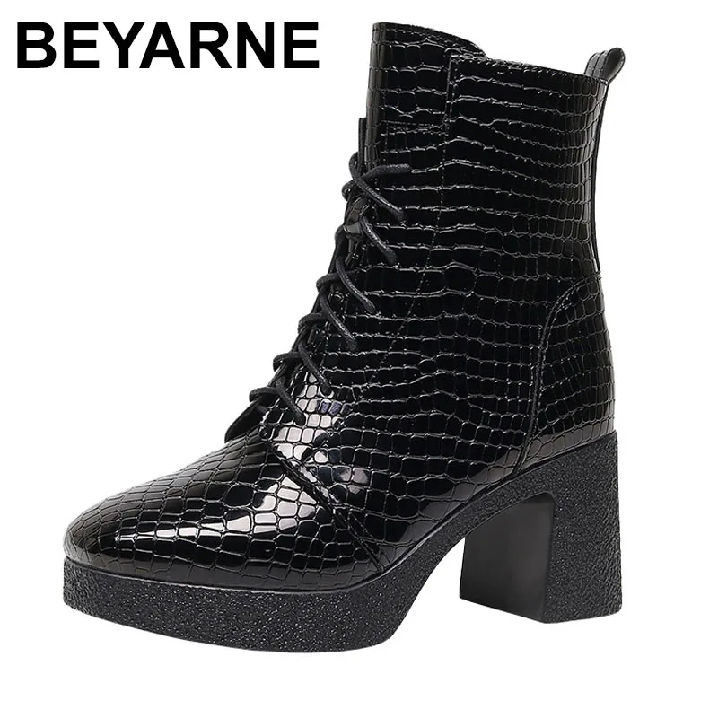 

High Quality Short Ankle Leather Boots for Women 8cm High Heel Platform Autumn Winter Fashion Shoe Black