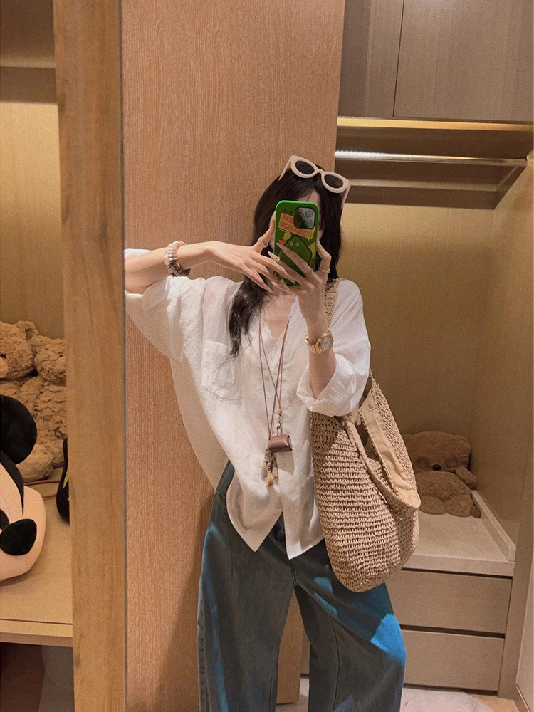 

Yukiss Lace Splicing Linen irt Women Summer Loose Thin Sun Protection White Korean Sle Long Sve Button up Color