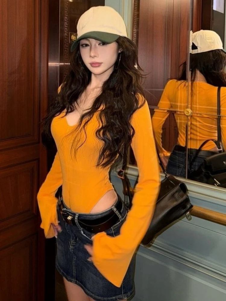 Y2k Aesthetic Sexy Zipper Jumpsuits Autumn Harajuku Grunge Women Flare Sleeve T-shirt Streetwear Slim Fit Vintage Solid Tees