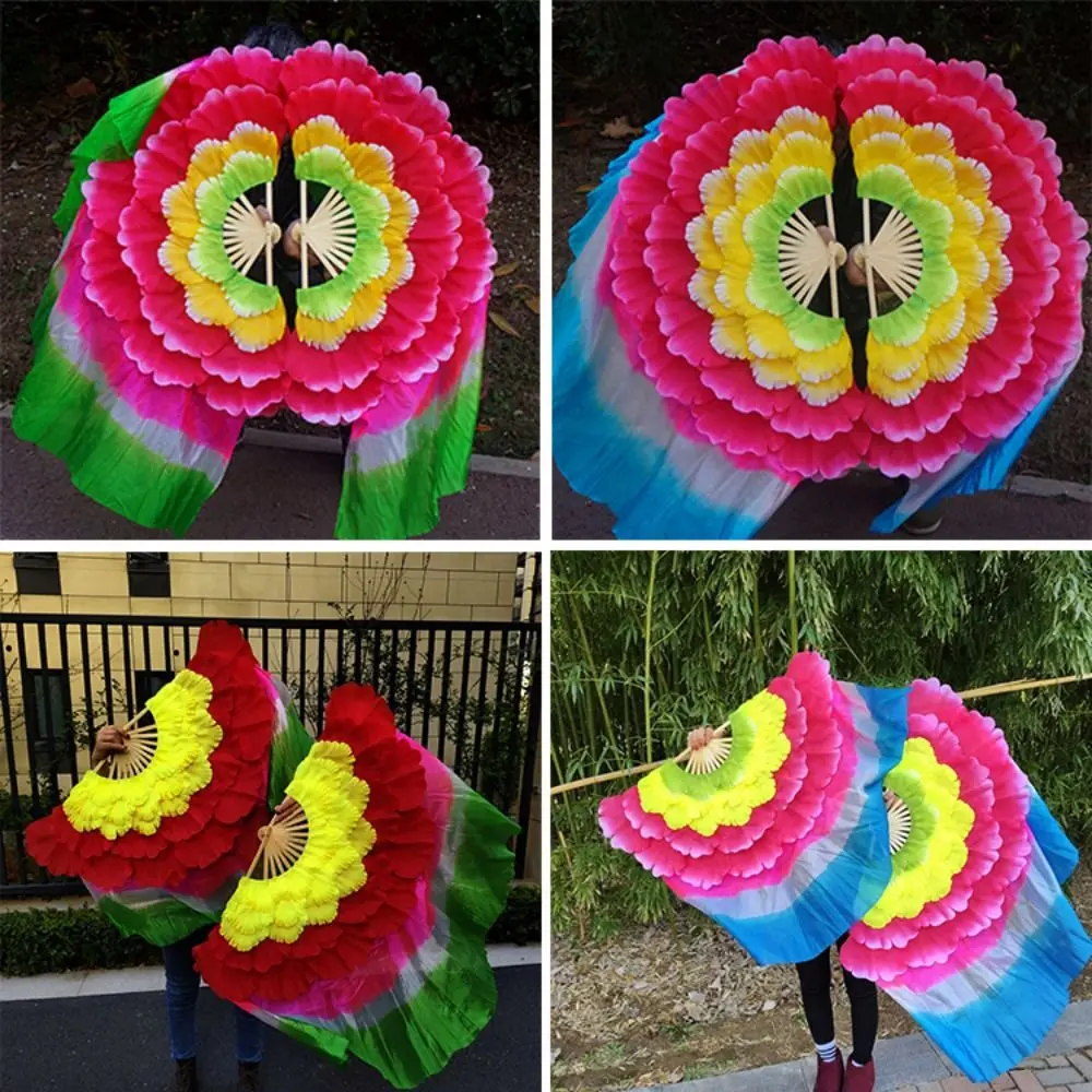 

31/36 см танцевальный веер, 5 слоев + 35 см, полукруглая шелковая вуаль, пары, китайский короткий веер для танца живота, реквизит для выступлений с двойными лепестками