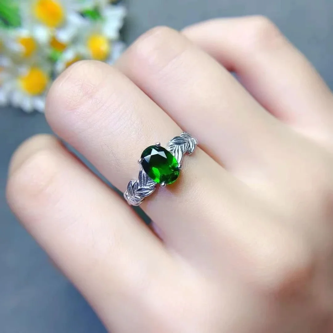 Natural Chrome Diopside Ring 6mm*8mm Deep Green Genuine 1ct Diopside 925 Silver Ring with Thick 18k Gold Plating