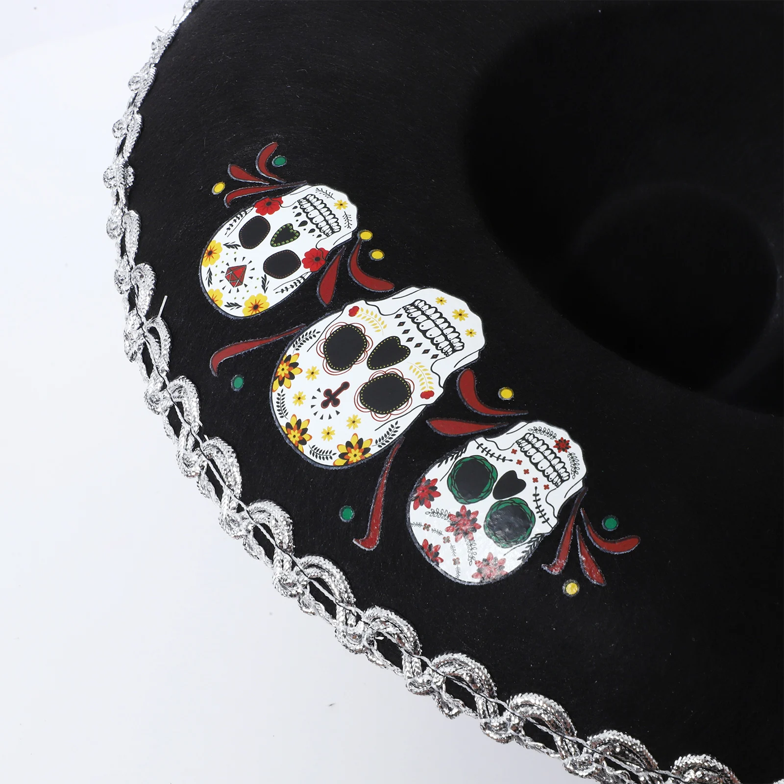 Adult Kids Mexican Hat Metallic Braid Skull Pattern Black Wide Brim Cap Halloween Carnival Cosplay Themed Party Costume Prop