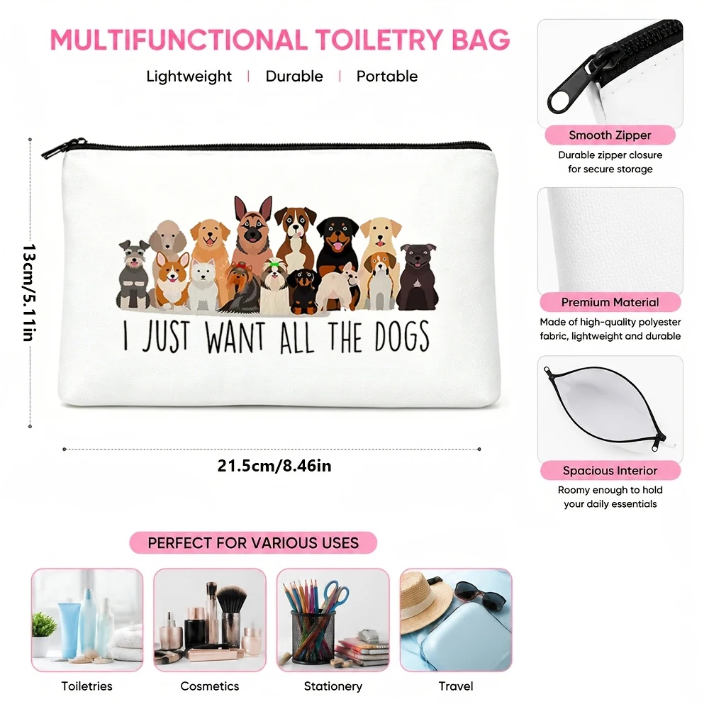 Stylish Dog Print Multifunctional Zipper Bag, Durable Portable Makeup Bag, Student Pencil Case, Travel Toiletry Storage Bag, Gift for Sisters and Friends