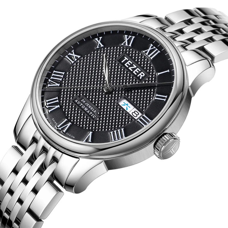 TEZER Men Automatic Watch | Day‑Date Window | Black Textured Dial | Roman Numerals | Solid Steel Bracelet | 50M Water Resistant