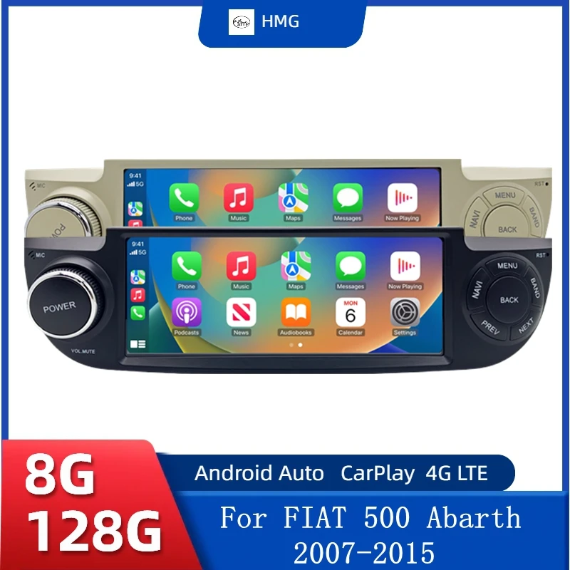HMG Android 15 Auto Radio for FIAT 500 Abarth 2007 2008 2009-2015 Multimedia Screen Stereo GPS Wireless CarPlay Android Auto 6.8