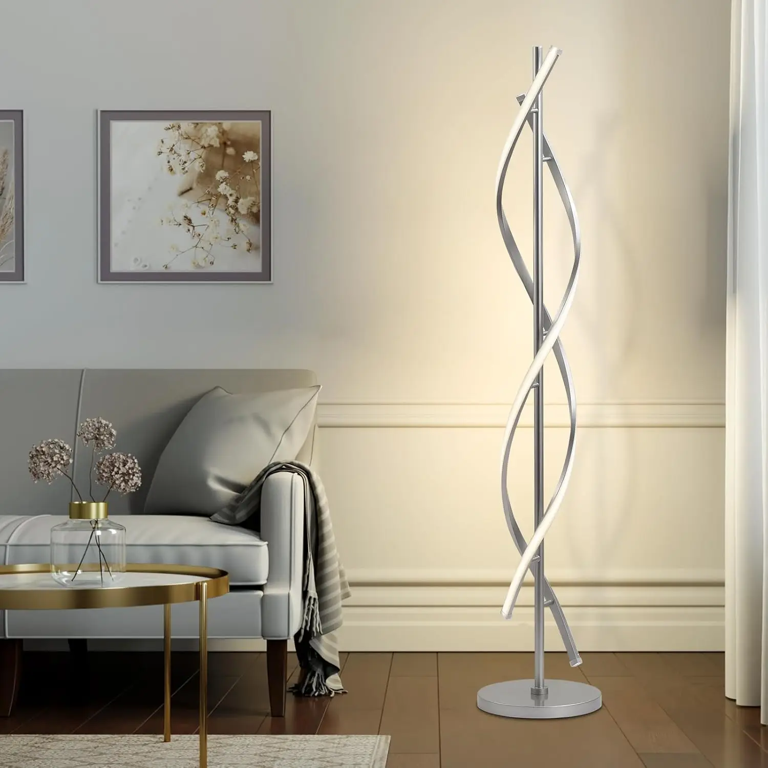 

Led Floor Lamps For Living Room, Silver Modern Floor Lamp For Bedroom 60 Inch Spiral Floor Lamp 34W Dimmable 3 Color