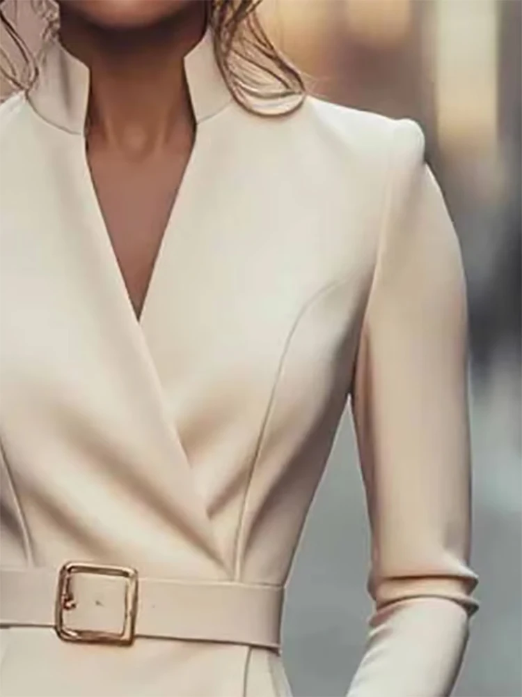 

Elegant Stand-up Collar Stylish Women's Dress Solid V-Neck Long Sleeve Slim With Belt Business Office Lady Fashion Midi Dresses
