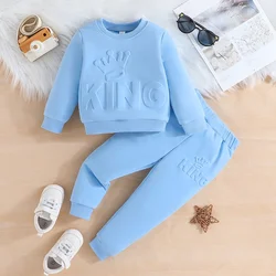 Kid Boys 9 Months-6 Years old Long Sleeve Cute King Letter Tees tops and Long Pants Blue Outfit Toddler Infant Clothing Set