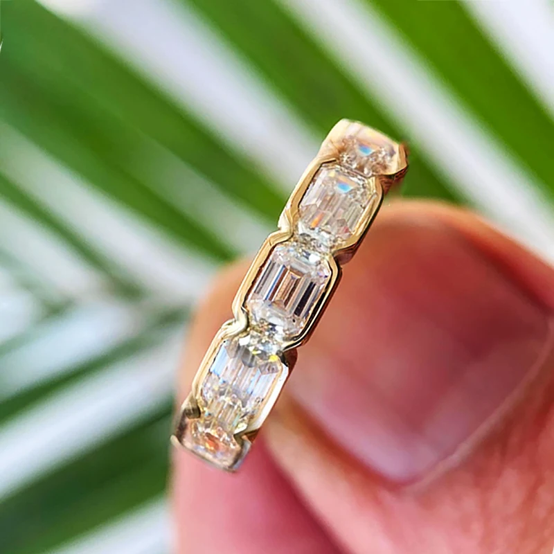 BXINY 3*4mm Bezel Set Emerald Cut Full Moissanite Row Ring 925 Sterling Silver for Women Eternity Wedding Band Gift Fine Jewelry