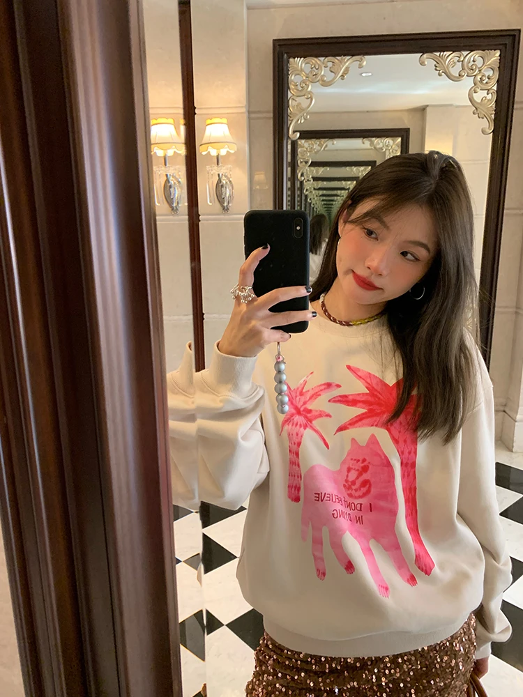 Women's Thickened Fleece Hoodie round Neck Oversize Sweatshirt Korean Style Commute Fashion Organic Cotton Long Sleeve Print