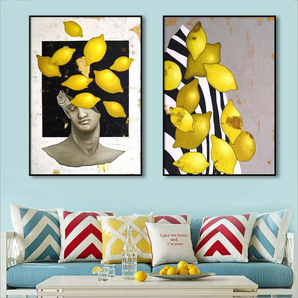 

Ellow Citron Still Life Oil Painting Abstract Wall Art Canvas Poster Print Lemon Fruit Statue Pictures Room Home Decor Cuadros