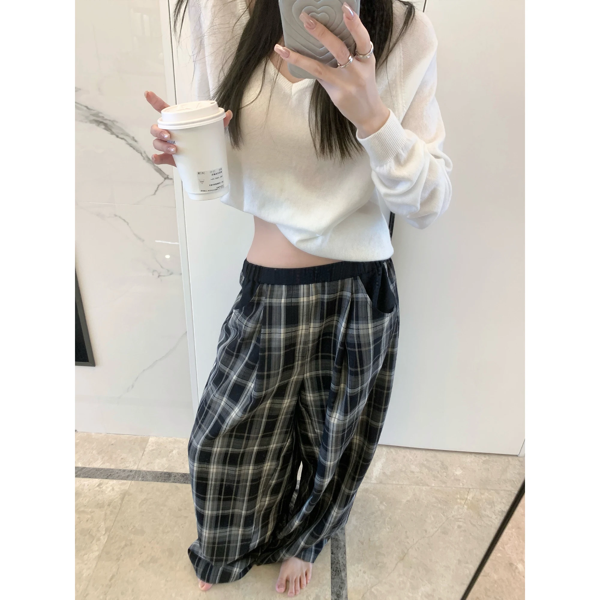 

YUYUREAL Comfortable Plaid Wide Leg Casual Pants Women's Spring Autumn Versatile Loose Fit Floor-Length Trousers