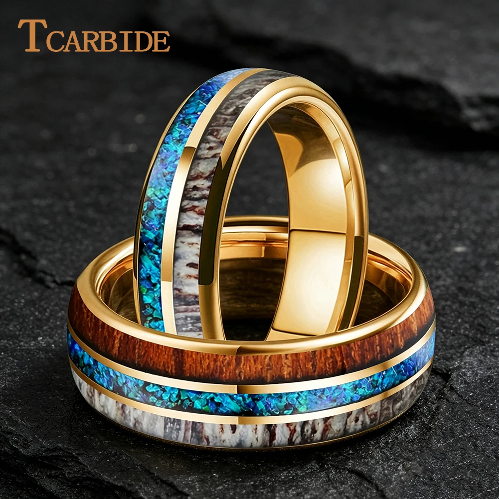 Dropshipping 6/8mm Cool Men Women Ring Tungsten Wedding Band with  Opal, Deer Antler, Redwood Inlay Comfort Fit